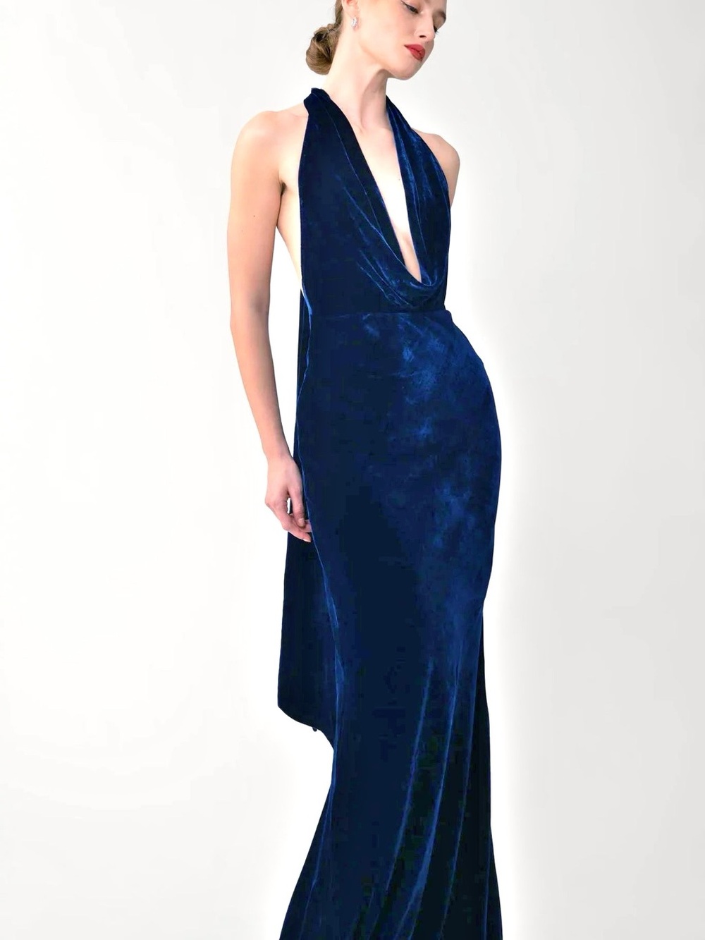 Sau Lee Pearl Cowl Scarf Open Back Strappy Velvet Gown in Midnight Blue Size 12 - Picture 4 of 12